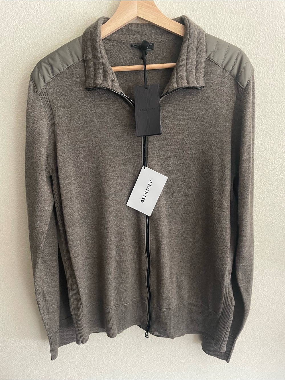 Belstaff Men's Full-Zip Wool Sweater in Taupe with Quilted Shoulders